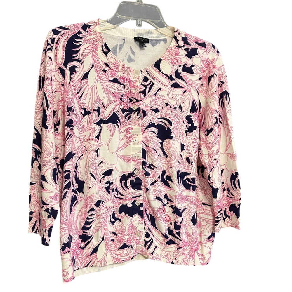 Talbots Petites XL Cardigan Pink Navy Paisley Beaded Floral Button Front Knit